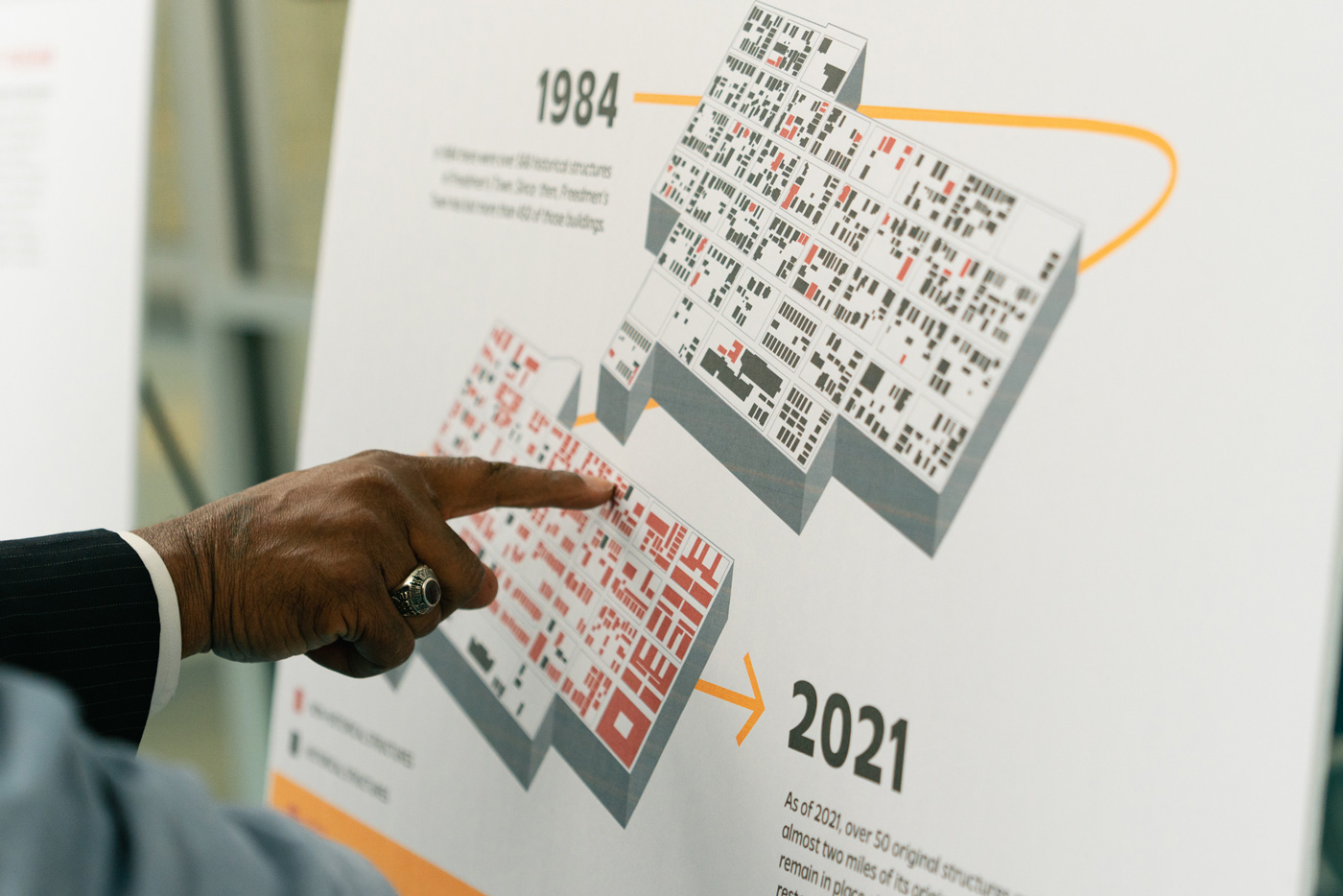 Attendees of the Rebirth in Action town hall meeting at Carnegie Vanguard High School participate in a survey about initiatives for the historic Freedmen’s Town district.
